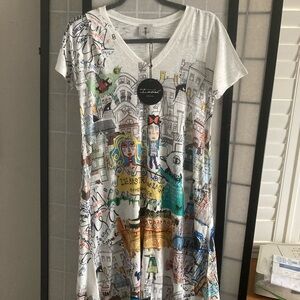 Ina White Midi Dress with Multicolor Cityscape Print